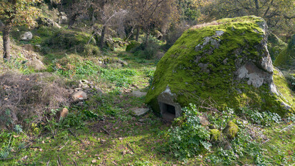 Prehistoric nuraghe stone structure rising from green landscape under dramatic sky in Sardinia