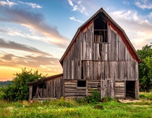 Obraz premium Rustic Barn Under Colorful Sky at Sunset in a Serene Landscape
