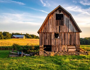 Obraz premium Rustic barn in serene landscape under a vibrant sunset sky