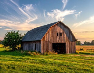 Obraz premium Rustic wooden barn surrounded by green grass at sunset