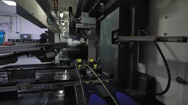 Automatic skiservice and tuning machine working on pair of ski