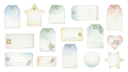 Collection of assorted decorative tags and labels with watercolor designs and blank spaces for customization displayed on a clean white background.