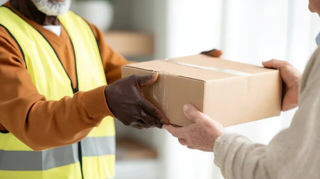 A delivery worker hands over a cardboard box to a recipient, highlighting trust and efficiency in modern logistics. The image captures the moment of package exchange in a bright indoor setting
