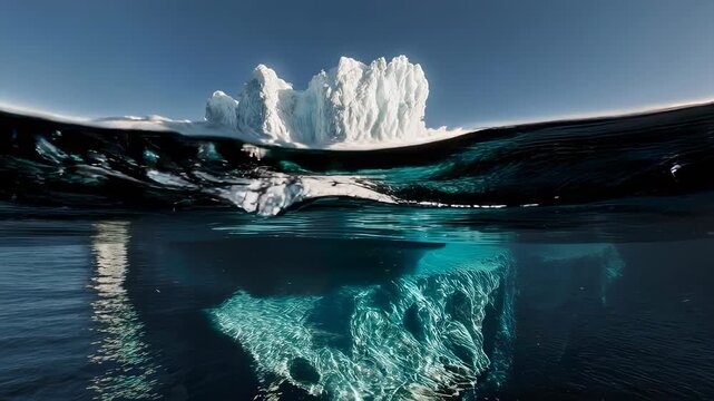 A stunning iceberg rises from calm arctic waters, reflecting its massive glacier structure against a clear blue sky. the serene landscape underlines the beauty and fragility of polar ecosystems and cl