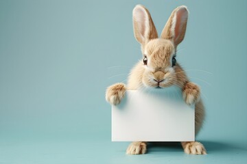 Obraz premium Easter rabbit holding blank white placard with copy space. Holiday greeting card design. Cute animal sign for event.