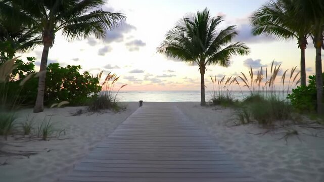 Wide-angle video gliding along weathered wooden boardwalk on a pristine tropical beach at golden hour, lush palm trees frame a gradient sunset sky, luxurious tranquility and aspirational escape.