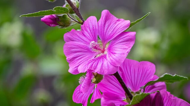 Close up of pink rose mallow flowers swaying gently in the breeze outdoors