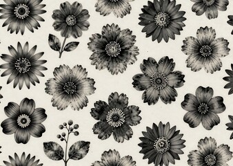 Intricate Grayscale Botanical Floral Foliage with Berries Repetitive Illustration and Texture