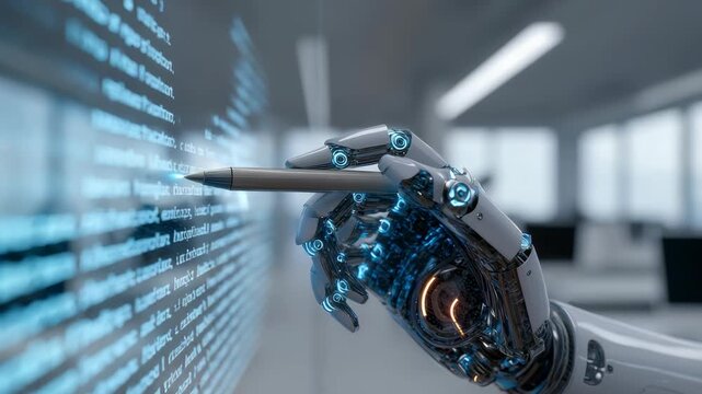 A highly detailed robot hand uses a stylus to interact with glowing programming code, symbolizing AI driven innovation in technology. The scene emphasizes smart automation and digital transformation