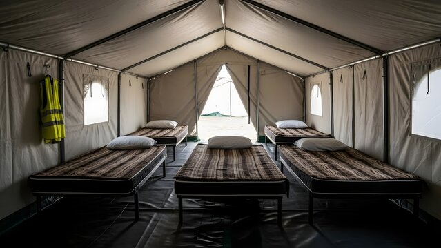 Interior of a Spacious Beige Canvas Tent with Three Camping Cots and Plaid Blankets