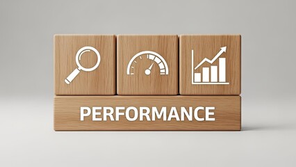 Wooden blocks with performance metrics icons and text