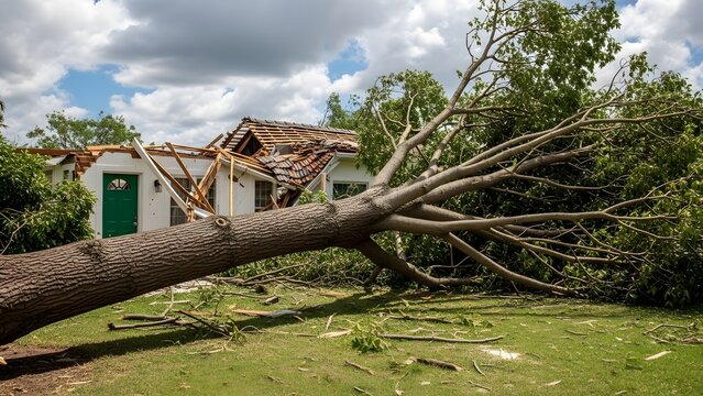 Large fallen tree branch damaging the roof of a white house with green door after storm damaged roof