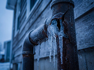Frozen burst pipe with ice icicles winter plumbing emergency house maintenance repair damage accident flood insurance claim water system cold weather background copy space