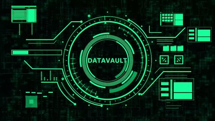 A futuristic blue digital heads-up display interface featuring a glowing central data vault security system on a dark cyber background. - Powered by Adobe