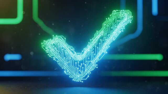 Digital checkmark with glowing circuit board pattern representing technology, verification, and success