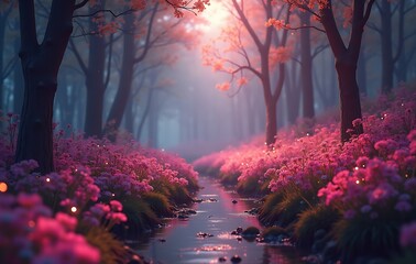 Magical Luminous Forest Pathway Pink Blossoms Serene Stream Mist Background