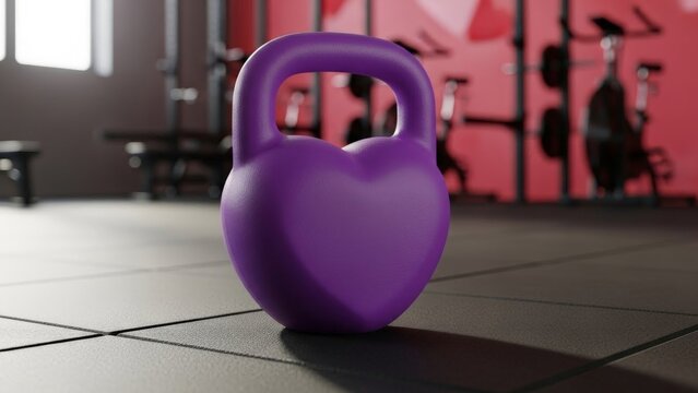 Purple heart shaped kettlebell standing on gym floor