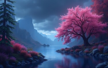 Majestic Mystical Valley with Vibrant Pink Blossoms Calm Flowing Water Evergreen Trees and Dramatic Sky