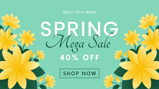 Spring mega sale horizontal banner with big yellow flowers and turquoise background for website promo.