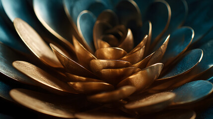 Ultra HD Abstract metallic flower with shimmering golden and teal petals, closeup macro shot of a unique and elegant bloom image