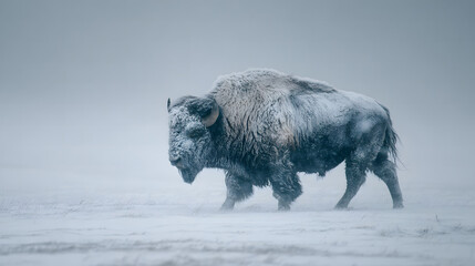 Ultra HD Majestic american bison covered in snow, walking through a blizzard in a vast, cold winter landscape, showcasing wildlife in extreme weather image