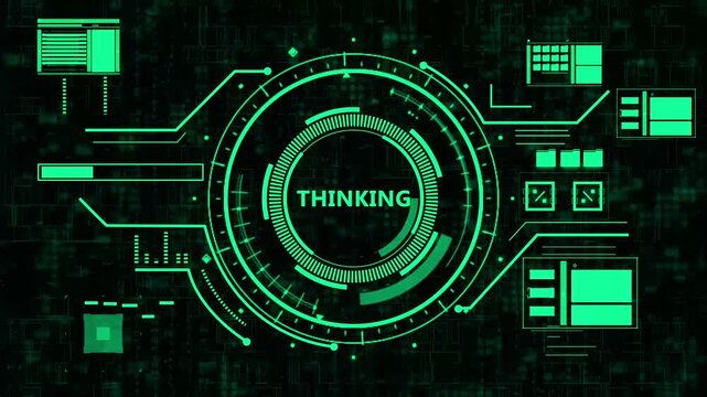 A futuristic digital HUD interface displaying the word thinking while processing complex data on a glowing cyan circuit background.