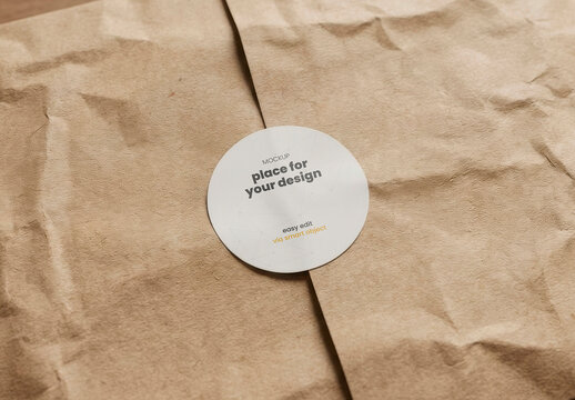 Round Sticker Stamp on Wooden Envelope Paper Mockup