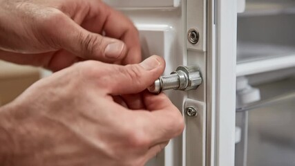 Medium shot capturing the process of fitting replaceable door seals on a French door fridge ensuring tight closure and better temperature control