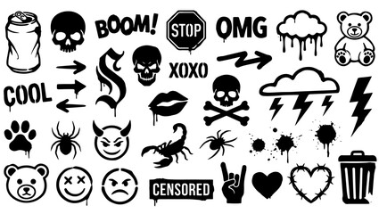 A collection of black graffiti-style stencil illustrations and text on a transparent background, graffiti stencil, street art, urban design, black stencil, spray paint art, street icons, skull stencil