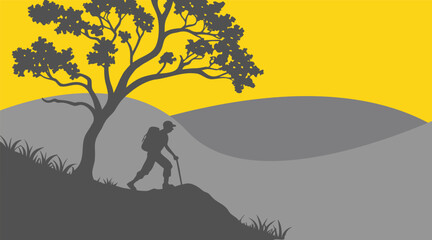 Traveler Hiking in Nature Landscape Vector Illustration
