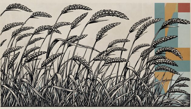 A stylized, monochrome artwork depicting tall grasses or reeds bending under a strong breeze, with superimposed geometric shapes in muted colors.
