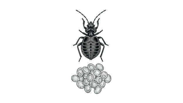 Detailed black and white illustration of a bed bug shown alongside a group of its eggs for identification and educational purposes.