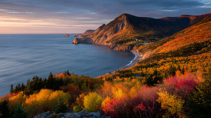 Ultra HD Vibrant autumn colors along the dramatic coastline of cape breton island, nova scotia, canada, at sunset image