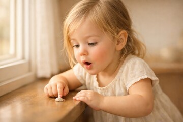 Naklejka premium Girl with blonde hair looks amazed while exploring a small object on a wooden table by a window in daylight.