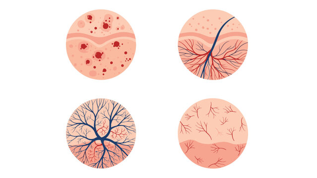 Set of four circular diagrams illustrating various dermatological skin conditions including lesions redness and blood vessels.
