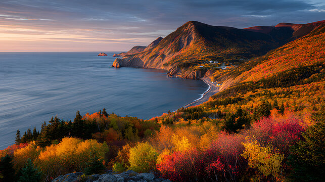 Ultra HD Vibrant autumn colors along the dramatic coastline of cape breton island, nova scotia, canada, at sunset image