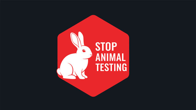 Circular red warning sign with a white rabbit silhouette and text calling to stop animal testing on a dark background for awareness.