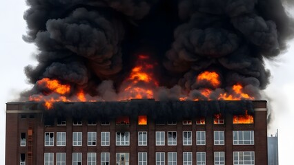 Dense black smoke and vivid orange flames consuming a multistory brick industrial building fire dense smoke