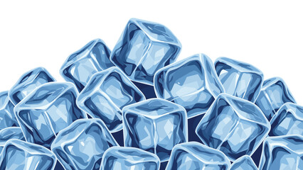Large pile of clear and cold ice cubes with a blue tint stacked together against a clean white background for refreshing cool themes.