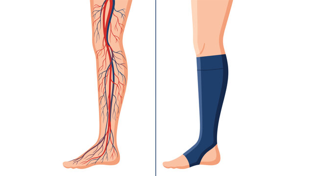 Medical illustration comparing a human leg with visible varicose veins to a leg wearing a blue medical compression stocking for treatment.