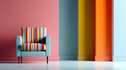Ultra HD Modern striped armchair in a stylish room with a vibrant multipanel colorful wall background, contemporary interior design concept image