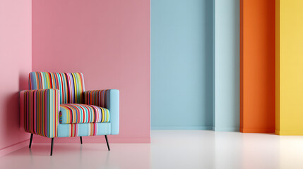 Ultra HD Modern striped armchair in a vibrant, colorful room with pink, blue, orange, and yellow walls, contemporary interior design and stylish furniture image