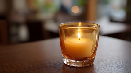 A single lit candle in a glass holder on a wooden table casting a warm glow