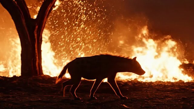 Wolf Walking Through Inferno Fire, Silhouette Against Bright Flames and a Burning Tree, Captured in Night Tension Scene Highlighting Danger, Urgency, Escape Motion, Glowing Shadow Perspective