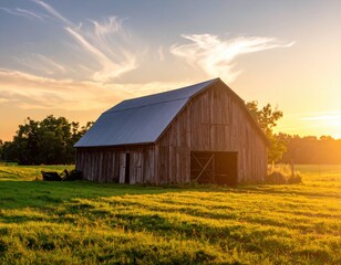 Obraz premium Rustic Wooden Barn Surrounded by Lush Green Fields at Sunset