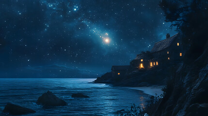 Ultra HD Magical night landscape starry sky and bright celestial body illuminating a charming house perched on a coastal cliff above the ocean image