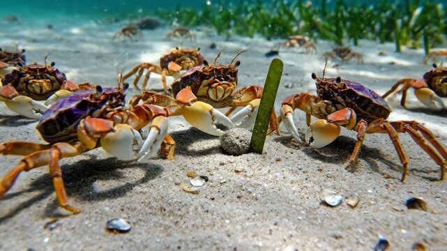 Intense conflict as crabs circle green seaweed on a sandy beach, view shows bellies, orange legs, black backs, eyes focused, tension over shells, pebbles, scarce resources as ocean waves crash nearby