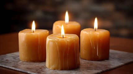 Four lit pillar candles with melting wax cast a warm golden glow creating a serene and cozy atmosphere