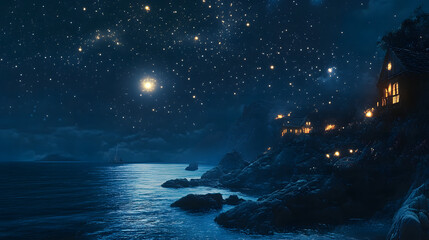 Ultra HD Enchanting night landscape with a brilliant starry sky, full moon, and illuminated cliffside village overlooking a shimmering ocean image