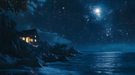 Ultra HD Cozy house by the sea at night under a brilliant starry sky, with warm lights glowing from windows and reflections on the dark water image